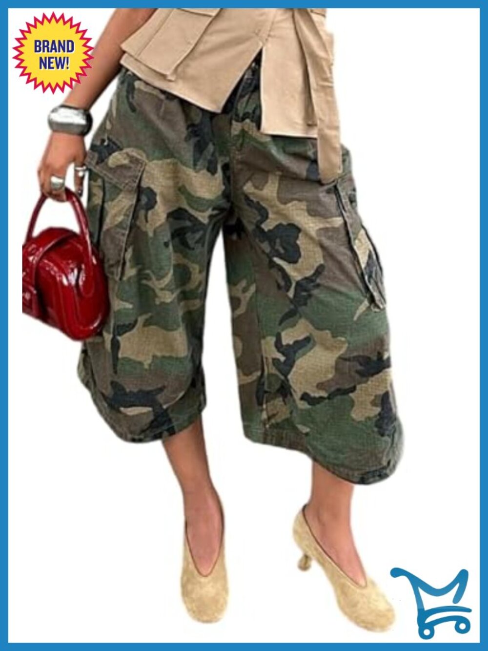 Women's Camo Cargo Capris High Waist Wide Leg Polyester Spandex Pants